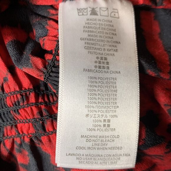 Women's Michael Kors Red & Black Abstract Print V-Neck Cinch Waist Blouse Medium - Picture 7 of 12